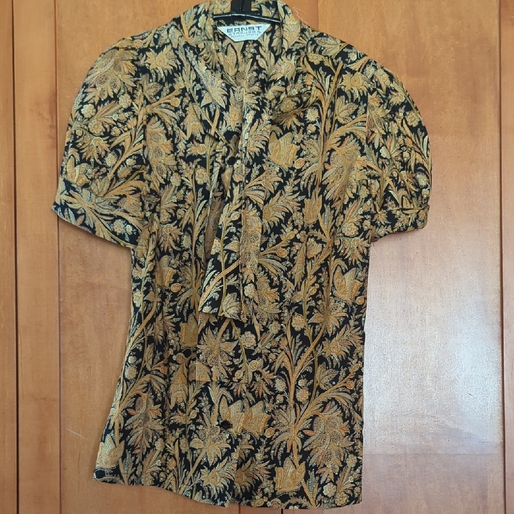 Ernest Strauss Black & Gold Floral Tie-Neck Button Down Blouse Medium